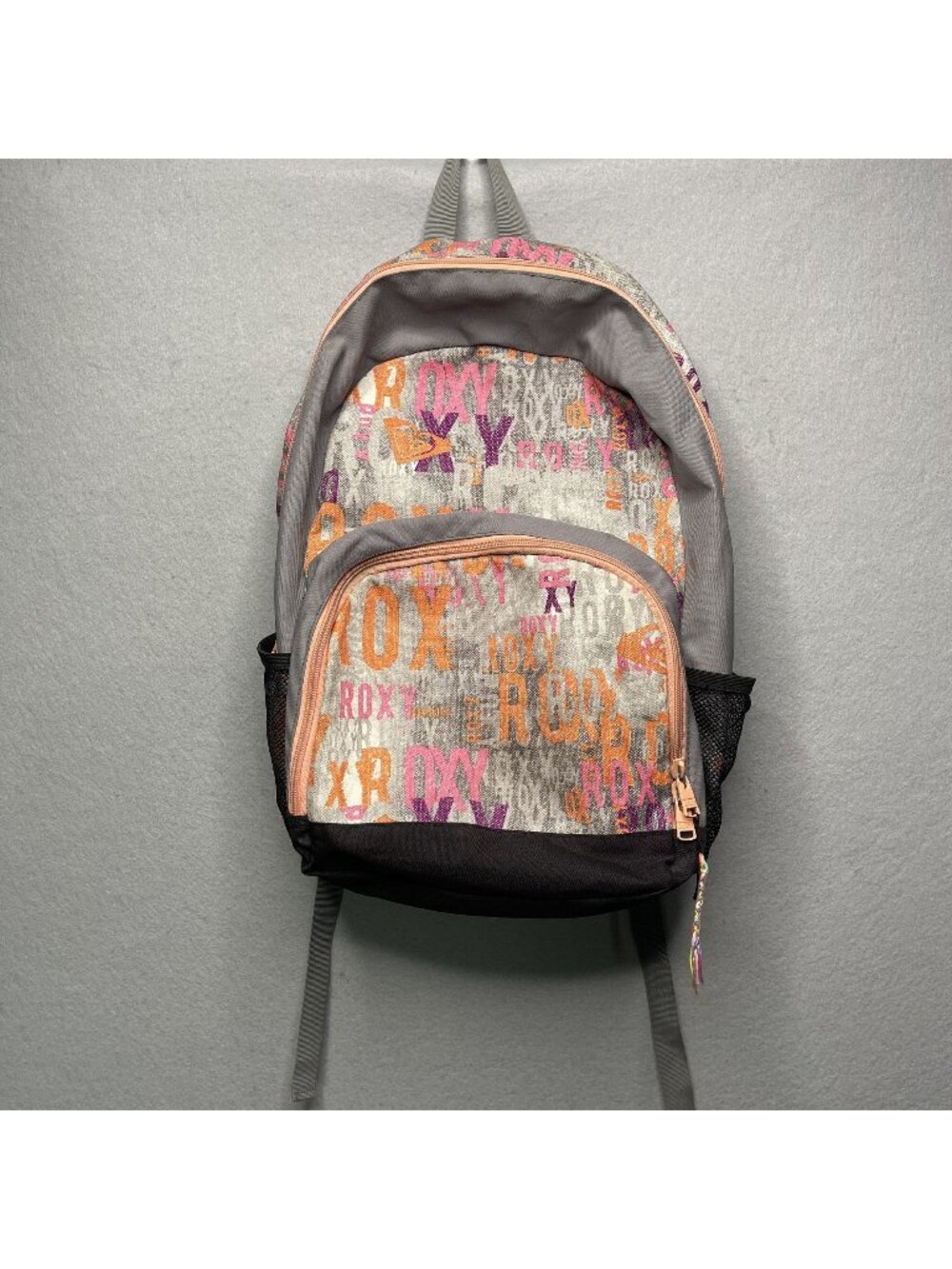 Roxy Multi-Color Logo Print Backpack With Mesh Side Pockets & Zipper Closure